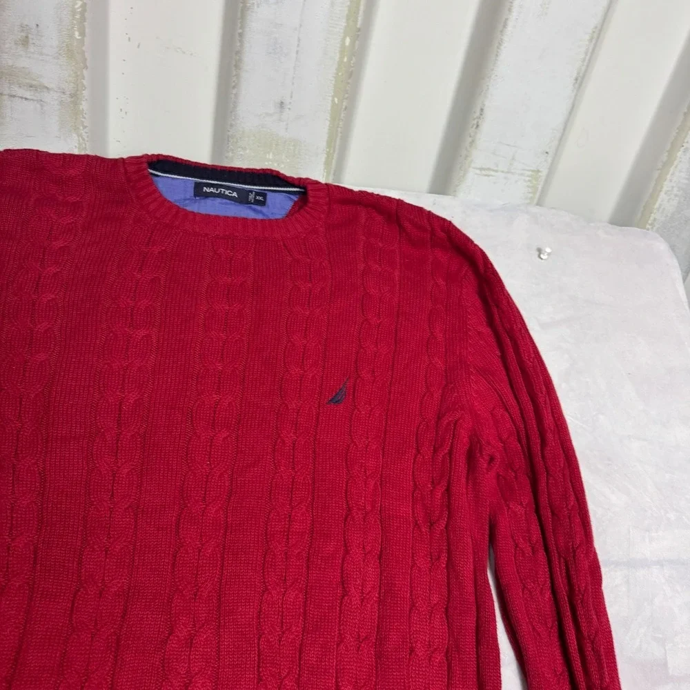 Nautica Mens Pullover Sweater Red Cable Knit Logo Crew Neck Long Sleeve Size 2XL